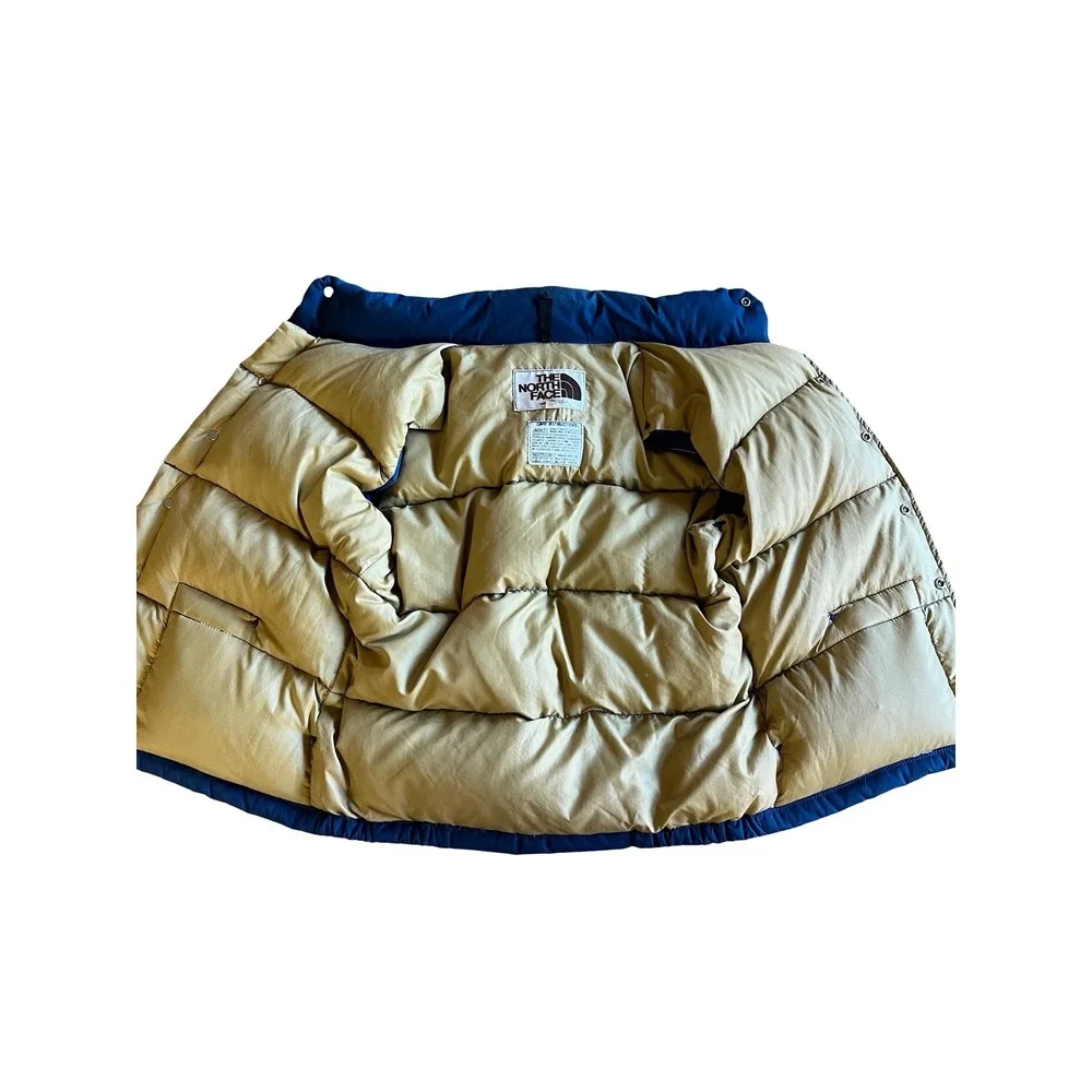 VTG The North Face 70s Mens S Blue Down Puffer Vest Snap USA-Made Brown Label